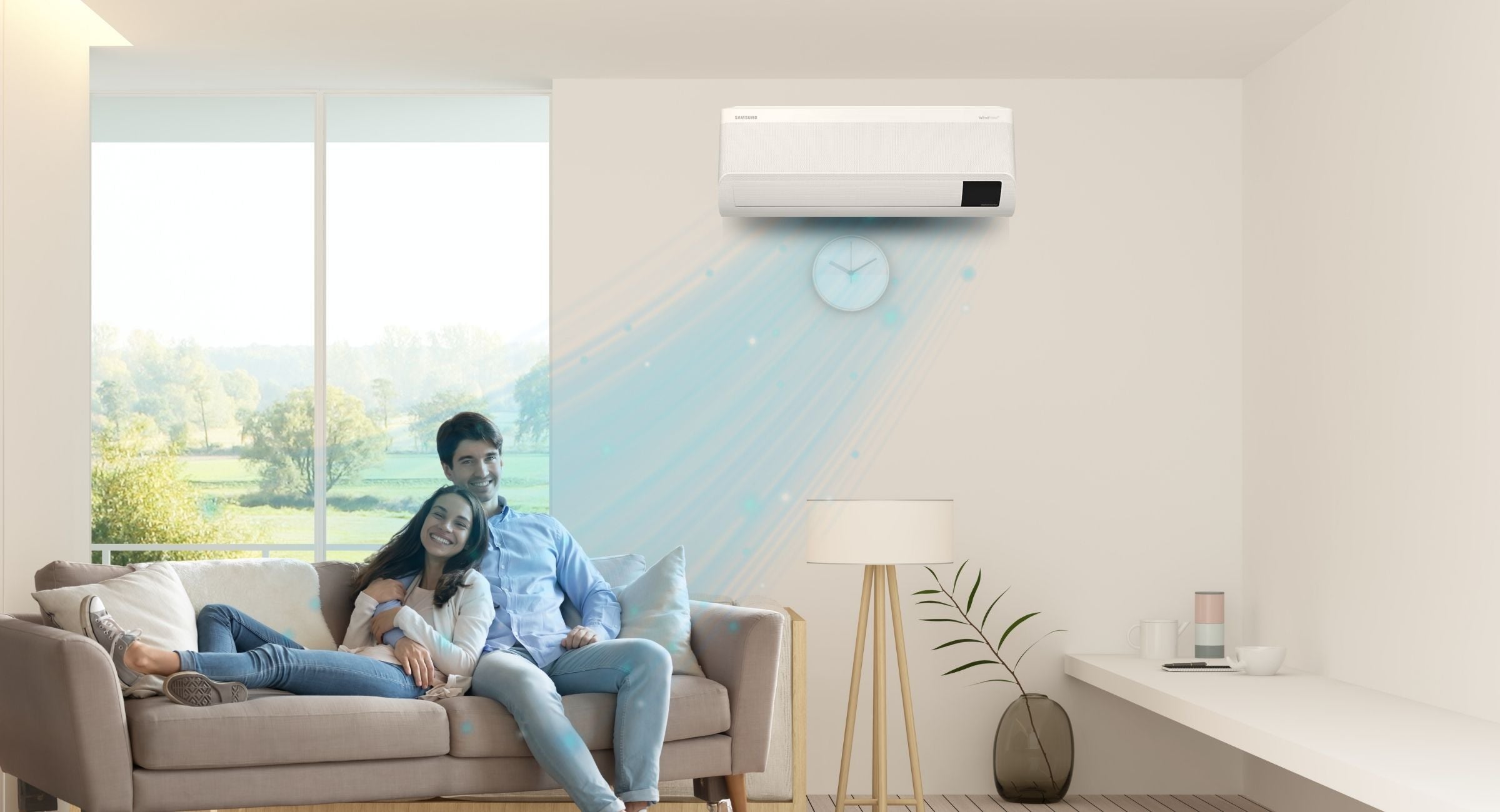 happy couple enjoying most advance ac cooling on sofa